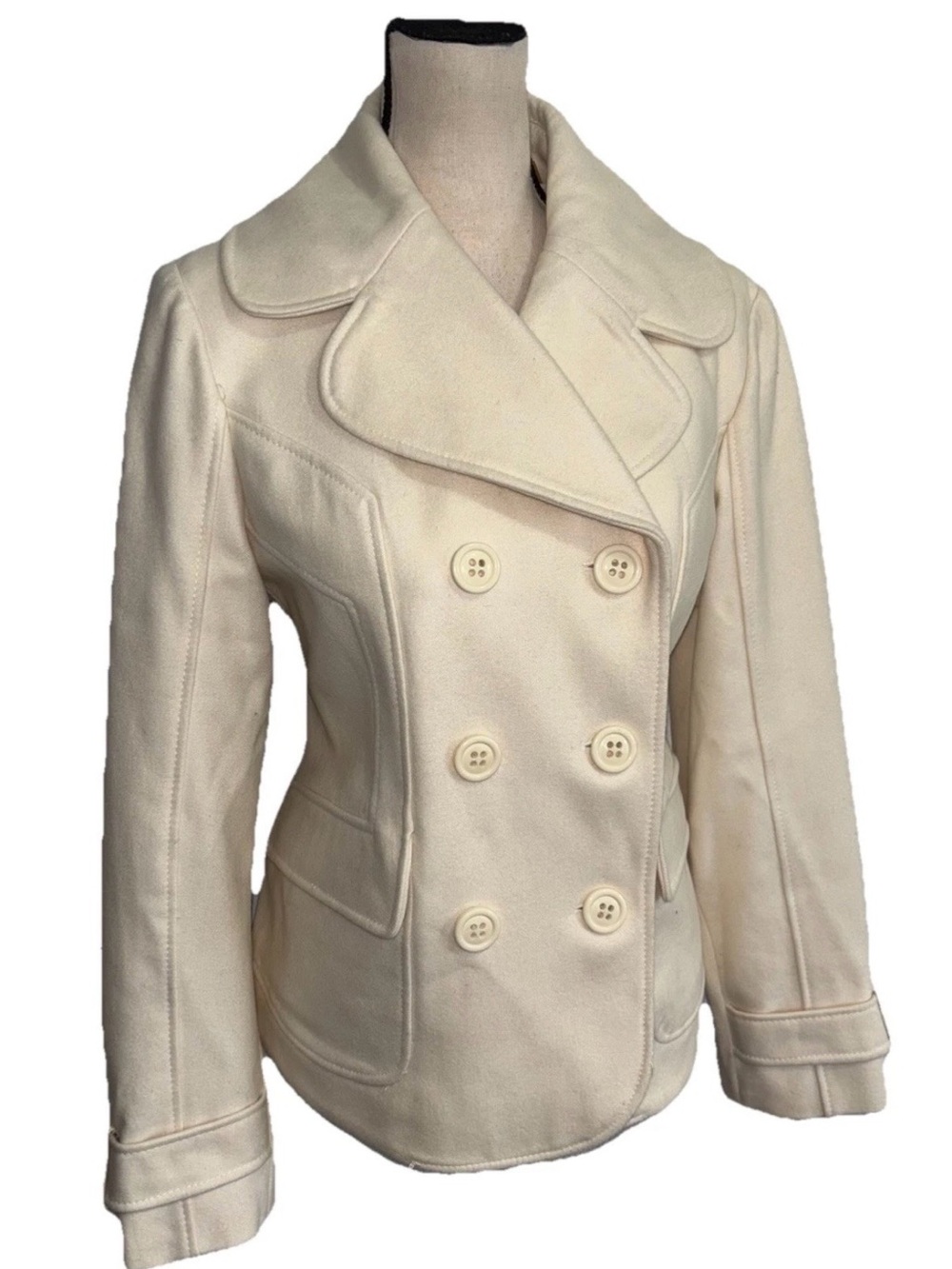 Y2K GUESS Cream Double-Breasted Women's Peacoat Jacket Wool Blend NWOT Large